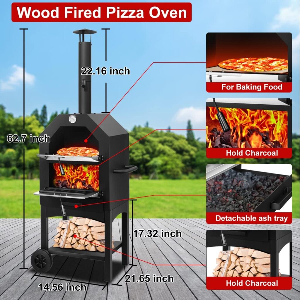 EDOSTORY Outdoor Pizza Oven, Wood Fired Pizza Oven for Outside, Patio Pizza Maker with Pizza Stone, Pizza Peel, Grill Rack, and Waterproof Cover for Backyard Camping
