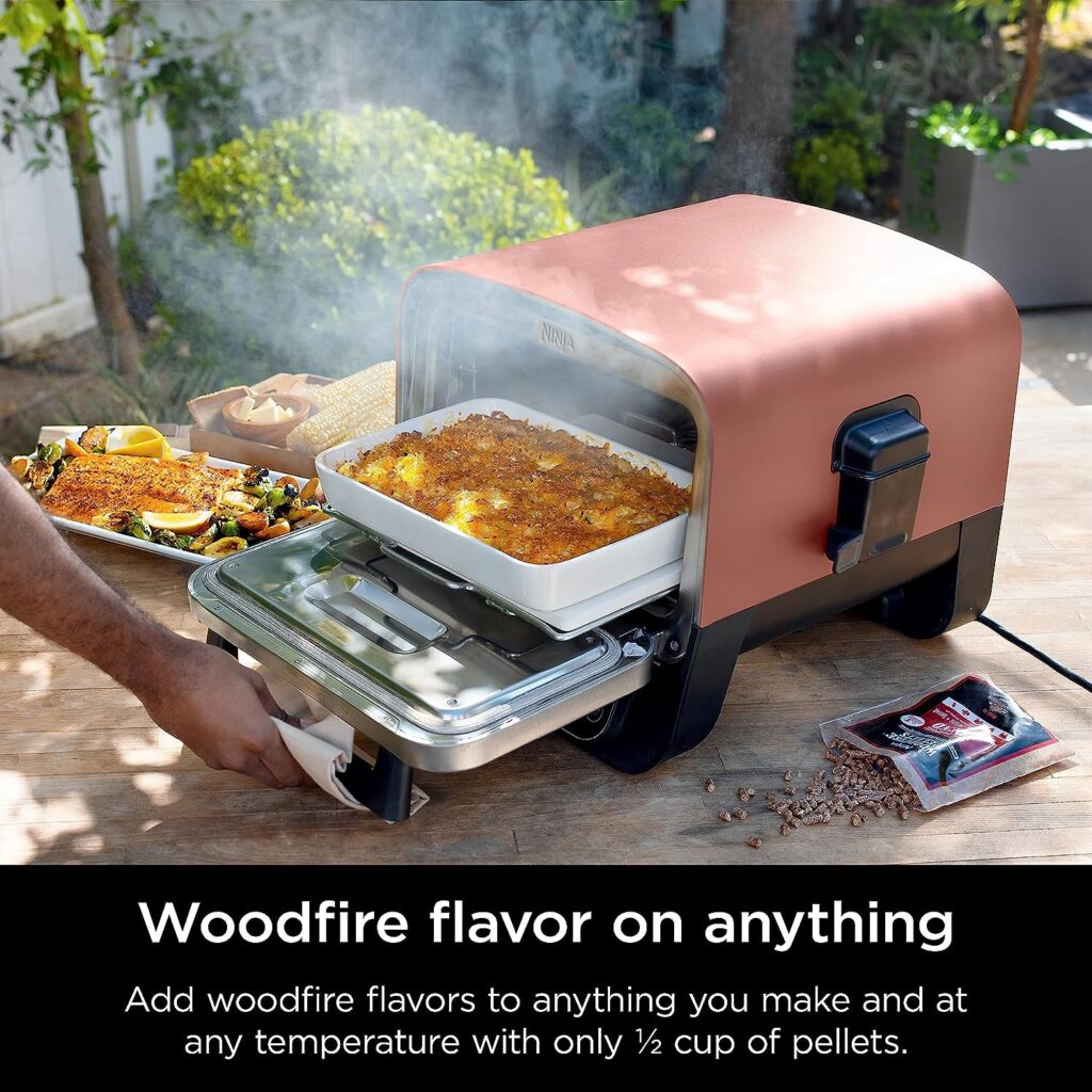 Ninja OO101 Woodfire 8-in-1 Outdoor Oven, Pizza Oven, 700°F High Heat Roaster, BBQ Smoker, Woodfire Technology, Pellets for Woodfire Flavor, Weather Resistant, Portable, Electric, Terracotta Red