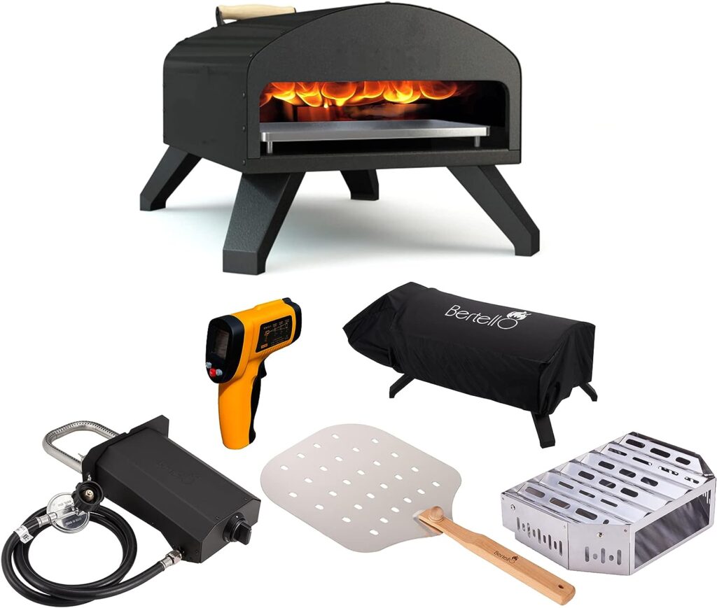 Bertello Outdoor Pizza Oven Bundle-Gas  Wood Simultaneously-Portable Brick Oven Portable Pizza Maker With Gas Burner, Peel, Wood Tray, Cover  Thermometer - As Featured on SHARK TANK - Easy to Use