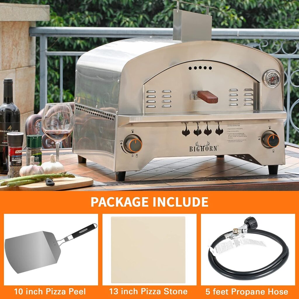 BIG HORN OUTDOORS Gas Pizza Oven, Portable Propane Pizza Oven with 13 inch Pizza Stone, Stainless Steel Pizza Maker for Outdoor Cooking