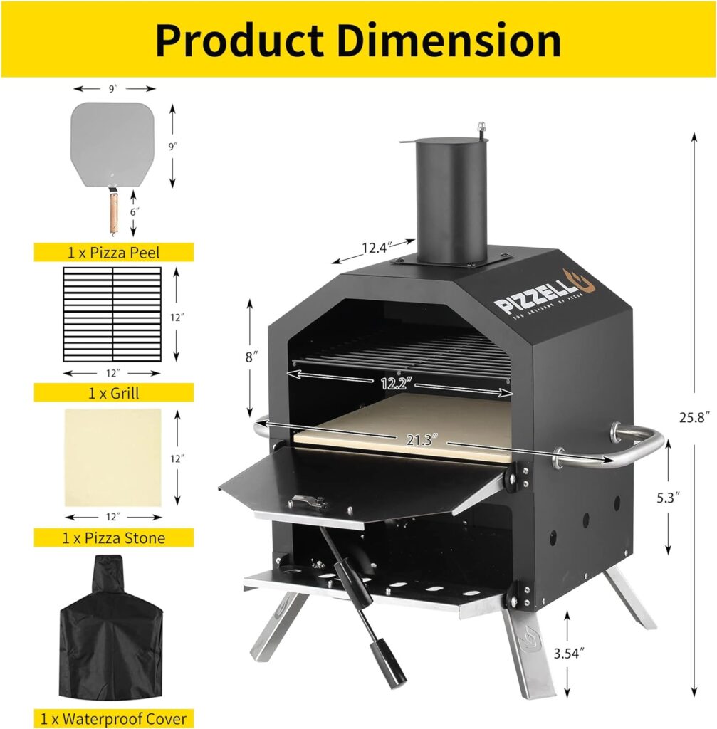Pizzello Outdoor Pizza Oven Wood Fired 2-Layer Pizza Ovens Outside Pizza Maker with Stone, Pizza Peel, Cover,Removable Cooking Rack for Camping Backyard BBQ (Black)