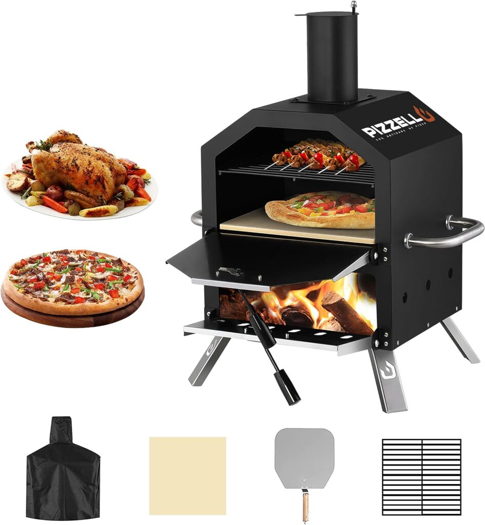 Pizzello Outdoor Pizza Oven Wood Fired 2-Layer Pizza Ovens Outside Pizza Maker with Stone, Pizza Peel, Cover,Removable Cooking Rack for Camping Backyard BBQ (Black)